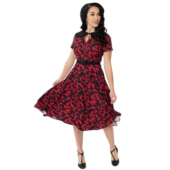 Unique Vintage X The Birds Estelle Swing Dress Red Black Bird Print Retro Size M - Picture 1 of 7